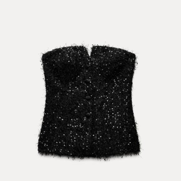 ZARA Off The Shoulder Black Fringe And Sequin Bustier Top 9776/629/800 - Picture 1 of 7